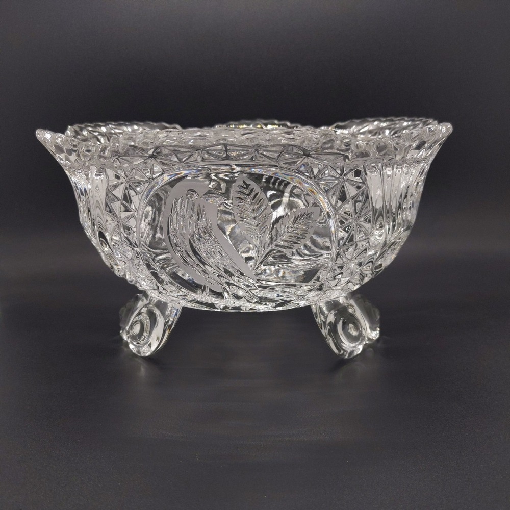 vtg Hofbauer Footed‎ Lead Crystal Bowl Dish Etched Birds Saw Tooth 7.5"
